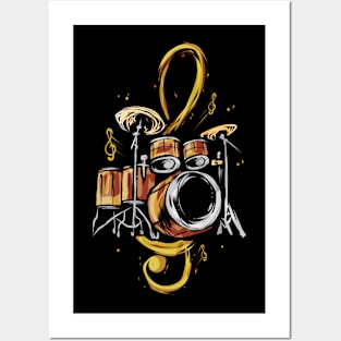 Drummer Treble Clef Drums Music Band Drum Player Posters and Art